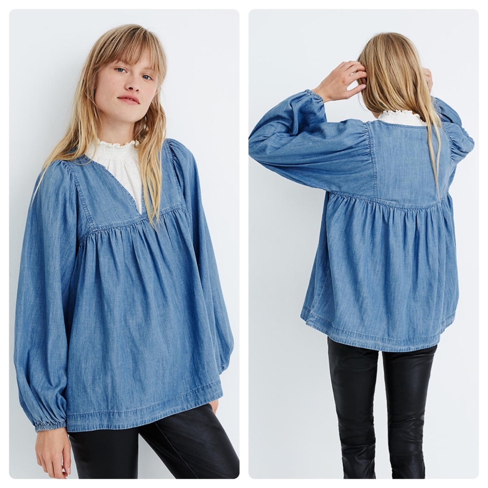 NWT Madewell Denim shirred balloon peasant top